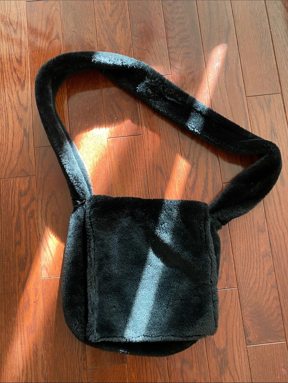 le chateau Black Faux Fur Crossbody Bag with Plush Strap